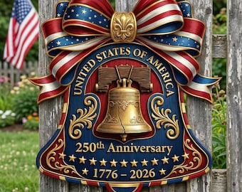 USA 250th Anniversary Wooden Liberty Bell Sign: 1776-2026 Decor, Patriotic Door Hanger MS419