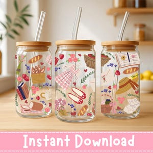 May include: Three glass drinking jars with wooden lids and clear straws. Each jar is decorated with a different whimsical design, including strawberries, flowers, and baked goods. The text "Instant Download" is at the bottom.