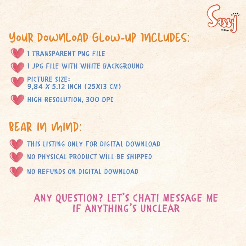 May include: A digital download graphic with text in orange and blue. The text includes details about the download, such as file types, picture size (9.84 x 5.12 inches), and resolution. It also states that it is a digital download with no physical product.