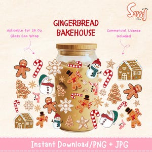 May include: A clear glass can with a bamboo lid featuring a digital pattern of gingerbread people, snowmen, candy canes, snowflakes, and gingerbread houses. The text reads GINGERBREAD BAKEHOUSE, Aplicable for 16 Oz Glass Can Wrap, and Commercial License Included.