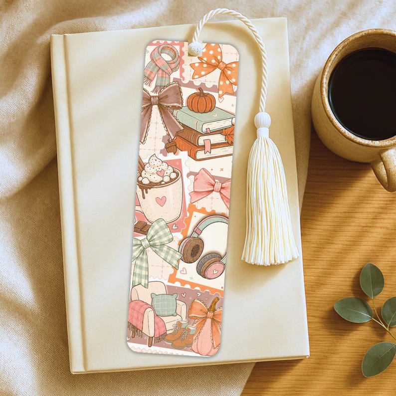 Printable cozy fall reading bookmark PDF featuring seasonal books and pumpkin decorations