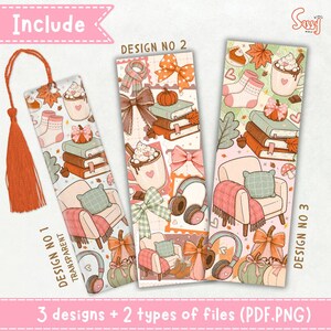 Watercolor bookmark bundle for book lovers with pumpkins, books, bows and cozy autumn aesthetic