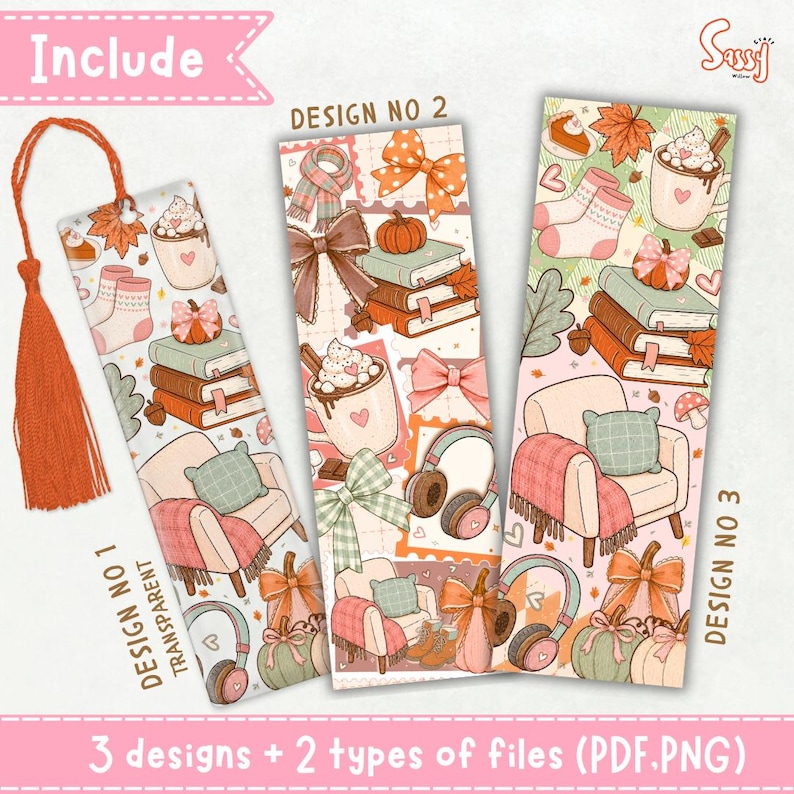 Watercolor bookmark bundle for book lovers with pumpkins, books, bows and cozy autumn aesthetic