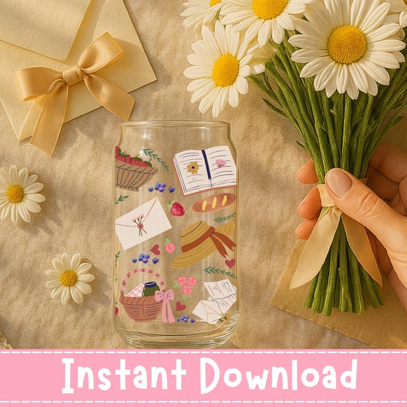 May include: A clear glass with illustrations of a picnic basket, strawberries, a book, a hat, and an envelope. A bouquet of daisies is held with a beige ribbon. The text "Instant Download" is at the bottom.