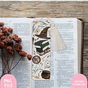May include: A bookmark with illustrations of a wizard hat, books, glasses, a cauldron, and other magical elements. The bookmark is set against the backdrop of an open book with text.