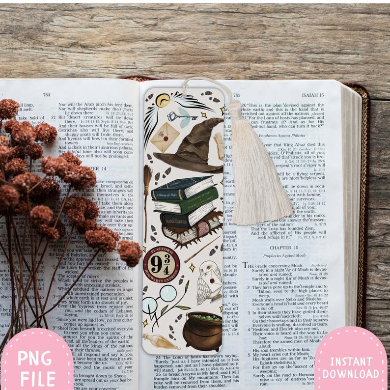 May include: A bookmark with illustrations of a wizard hat, books, glasses, a cauldron, and other magical elements. The bookmark is set against the backdrop of an open book with text.