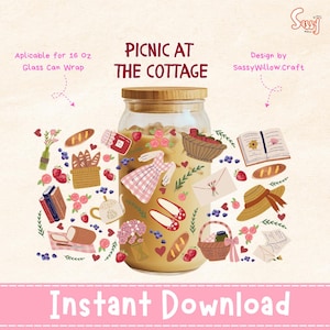 May include: A digital illustration featuring a glass can with a wooden lid, surrounded by picnic-themed elements. The image includes a dress, shoes, bread, berries, and the text "PICNIC AT THE COTTAGE" and "Instant Download".