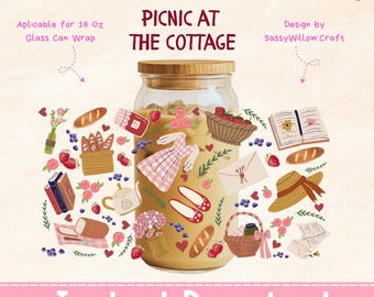 Cottagecore Picnic 16oz Glass Can Wrap PNG, ice coffee cup, Cottagecore Tumbler Design, Cottagecore Cup Wrap, cottagecore clipart