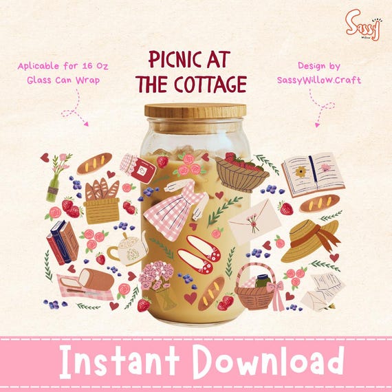 Cottagecore Picnic 16oz Glass Can Wrap PNG, ice coffee cup, Cottagecore Tumbler Design, Cottagecore Cup Wrap, cottagecore clipart