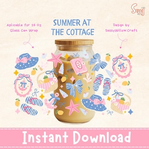 May include: A glass can wrap design with the text "Summer at the Cottage". The design includes illustrations of a beach hat, bows, starfish, and a pink book. The design is applicable for a 16 oz glass can wrap.
