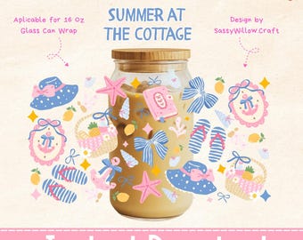 May include: A glass can wrap design with the text "Summer at the Cottage". The design includes illustrations of a beach hat, bows, starfish, and a pink book. The design is applicable for a 16 oz glass can wrap.