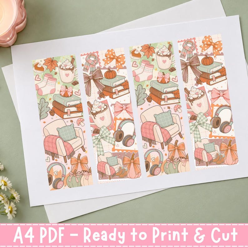 Printable cozy fall reading bookmark PDF featuring seasonal books and pumpkin decorations