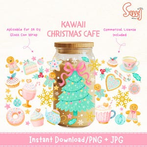 May include: A glass can wrap design featuring the text Kawaii Christmas Cafe, a central mint green Christmas tree with a pink bow, surrounded by gingerbread cookies, cupcakes, donuts, snowflakes, and hot cocoa mugs for a 16 oz glass.