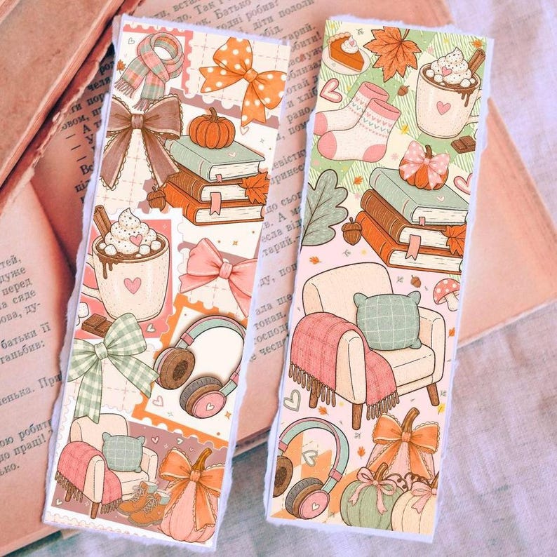 Cozy fall bookmark bundle featuring books, pumpkins, scarves and reading chair watercolor illustrations