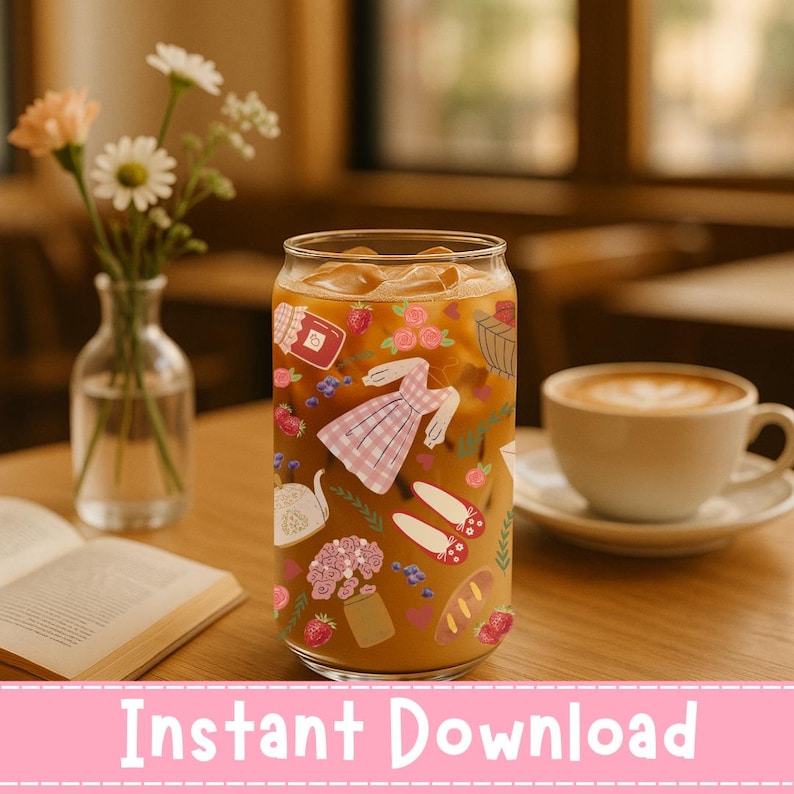 May include: A clear glass can-shaped cup filled with iced coffee, decorated with whimsical illustrations of a dress, strawberries, and flowers. The words "Instant Download" are at the bottom of the image.