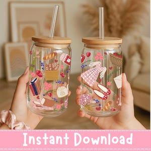 May include: Two clear glass tumblers with bamboo lids and glass straws. The tumblers are decorated with colorful illustrations of food and flowers. The text "Instant Download" is at the bottom of the image.