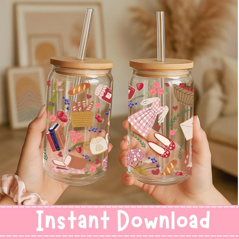 May include: Two clear glass tumblers with bamboo lids and glass straws. The tumblers are decorated with colorful illustrations of food and flowers. The text "Instant Download" is at the bottom of the image.