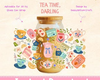 May include: A glass jar with a wooden lid, surrounded by watercolor illustrations of teacups, teapots, cookies, and tea bags. The text "TEA TIME, DARLING" is displayed above the jar. The words "Instant Download" are at the bottom.