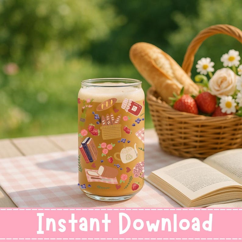 May include: A clear glass can-shaped cup filled with a beverage, decorated with illustrations of bread, books, berries, and flowers. A picnic basket with bread, strawberries, and flowers sits in the background. The text "Instant Download" is at the bottom.