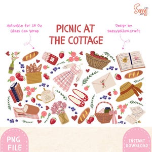 May include: A whimsical illustration with the text "PICNIC AT THE COTTAGE" features picnic-themed elements. It includes a pink gingham dress, strawberries, bread, a basket of berries, a straw hat, and a teapot. The design is suitable for a 16 oz glass can wrap.