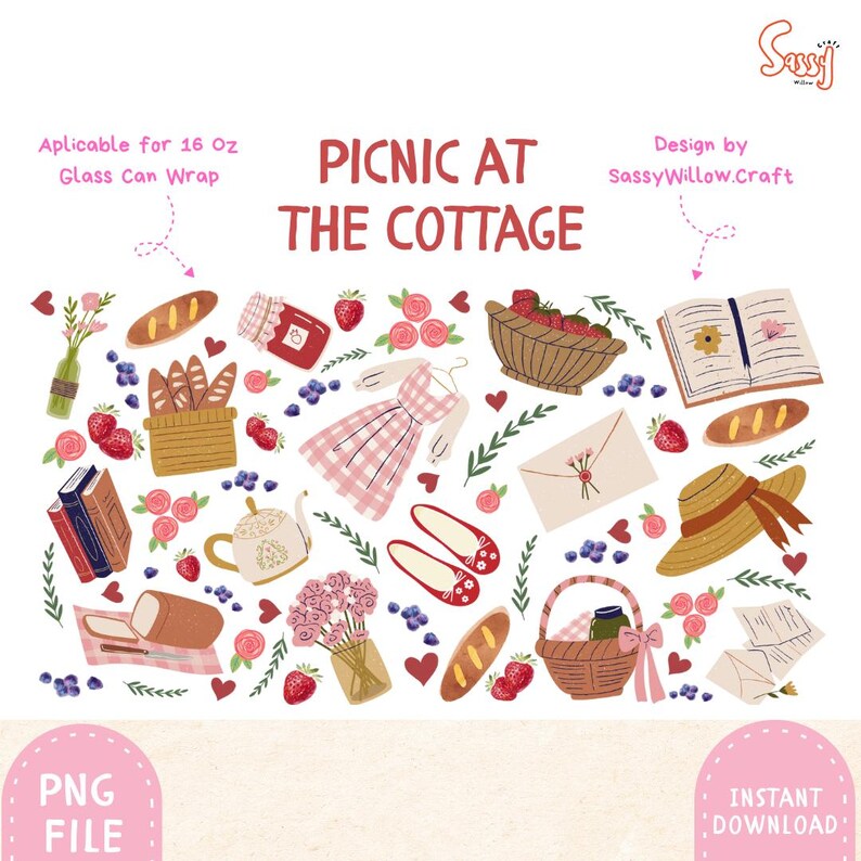 May include: A whimsical illustration with the text "PICNIC AT THE COTTAGE" features picnic-themed elements. It includes a pink gingham dress, strawberries, bread, a basket of berries, a straw hat, and a teapot. The design is suitable for a 16 oz glass can wrap.