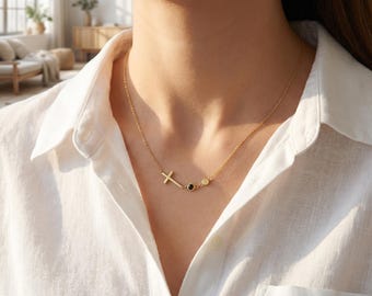 Collar con cruz y piedra natal personalizada, colgante cristiano de oro de 14 quilates, regalo religioso significativo para ella.