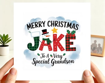 Tarjeta de Navidad personalizada con cualquier nombre: diseño de letras festivas, tarjeta de Navidad personalizada para nieto, nieta, hijo, hija, sobrina, sobrino, etc.
