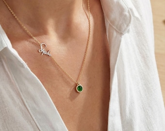 Collar personalizado de oro de 14 quilates con nombre, piedra de nacimiento y colgante de esmeralda. Joyería personalizada para mujer. Regalo de Navidad ideal para ella.