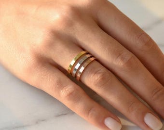 Alianza de boda de oro de 14k de 3 mm • Anillo abovedado facetado para mujer y hombre • Anillo apilable fino • Anillo de boda minimalista • Opción de alianza de plata