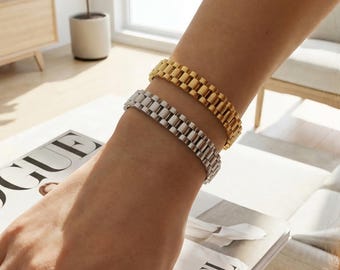 Pulsera de plata con correa de reloj de oro de 18 quilates, joyería impermeable para mujer, regalo personalizado para ella, él y su mejor amiga.