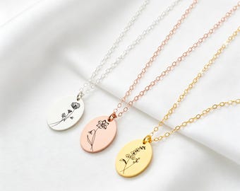 Collar ovalado con flor, delicado colgante personalizado con flor de nacimiento, regalos para damas de honor, elegante regalo de joyería para ella.