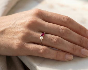 Marquise Birthstone Pearl Ring , Custom Gemstone Promise Ring , Dainty Minimalist Jewelry Gift for Her