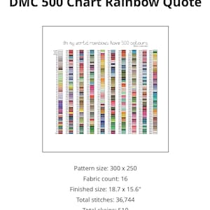 May include: A chart titled "DMC 500 Chart Rainbow Quote" with a grid of color swatches. The text "In my world rainbows have 500 colours" is above the chart. Finished size is 47.5 x 39.6 cm. Total skeins: 510.