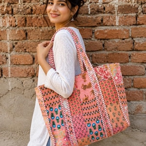 Quilted Patchwork Cotton Tote Bag: Hand-Printed Floral Design