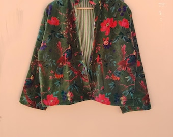 Handmade Floral Print Cotton Jacket : Boho Suzani Kantha Coat