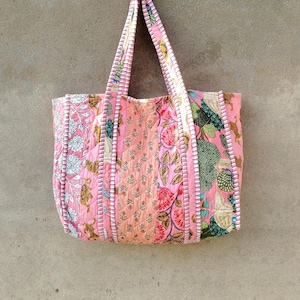 Cotton Patch Work Tote Bag, Reversible Bag, Quilted Shopping Bag, Hand Made Kanth Tote, Women&#39;s Totes, Ecofriendly  Boho Shopper Bags