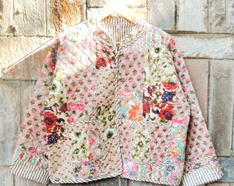 Handmade Cotton Quilted Patchwork Jacket : Boho Floral Reversible Coat