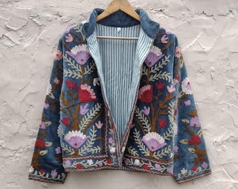 Giacca in velluto ricamata indiana fatta a mano: cappotto invernale boho