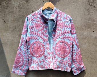 Handmade Suzani Embroidery Jacket : Boho Quilted Cotton Coat