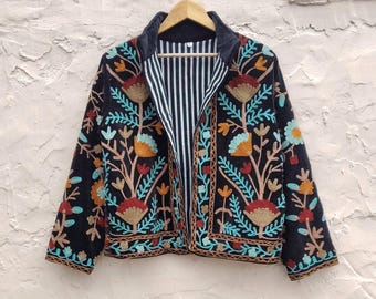 Jaqueta de veludo bordada Suzani feita à mão: casaco feminino estilo Boho