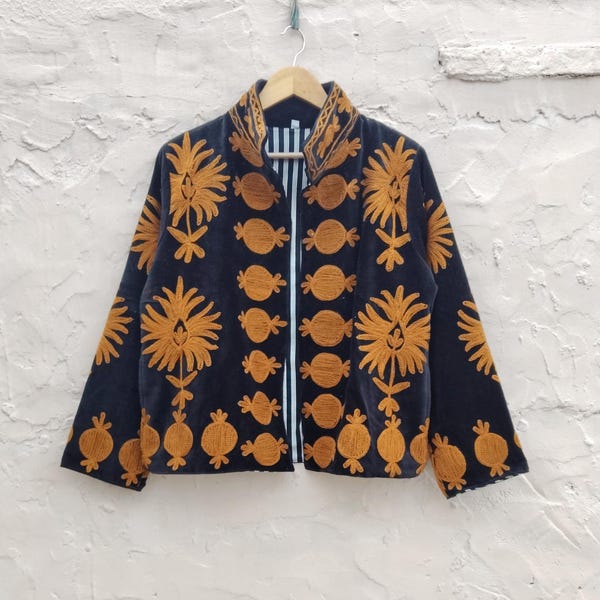 Boho Black Velvet Suzani Jacket: Embroidered Winter Coat