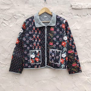 Handcrafted Cotton Quilted Patchwork Jacket Boho Floral Reversible Coat Vintage Kantha Kimono Style Short Jacket For Women Gift For Her