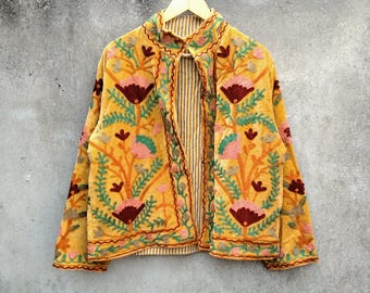 Boho Velvet Suzani Jacket: Embroidered Winter Coat with Pockets