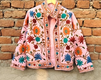 Handmade Floral Print Cotton Jacket: Boho Suzani Kantha Coat