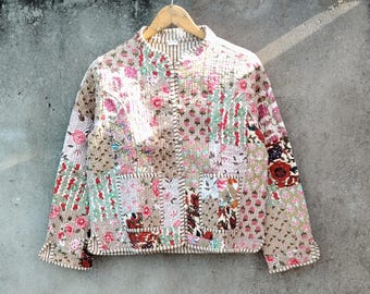 Handmade Cotton Quilted Patchwork Jacket: Boho Floral Reversible Coat