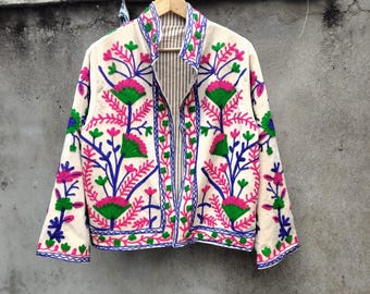 Handmade Suzani Embroidery Jacket : Indian Boho Quilted Coat