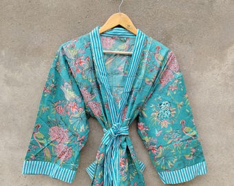 Floral Baumwolle Kimono Robe: Grün & Weiß Print, Boho Loungewear