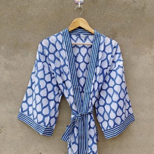 Bata tipo kimono de algodón, bata de dama de honor con estampado de bloques, ropa de dormir de verano, talla única, regalo para ella