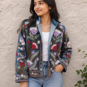 Handgemachte Indische Bestickte Samt Jacke: Boho Wintermantel