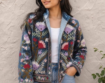 Handmade Indian Embroidered Velvet Jacket : Boho Winter Coat